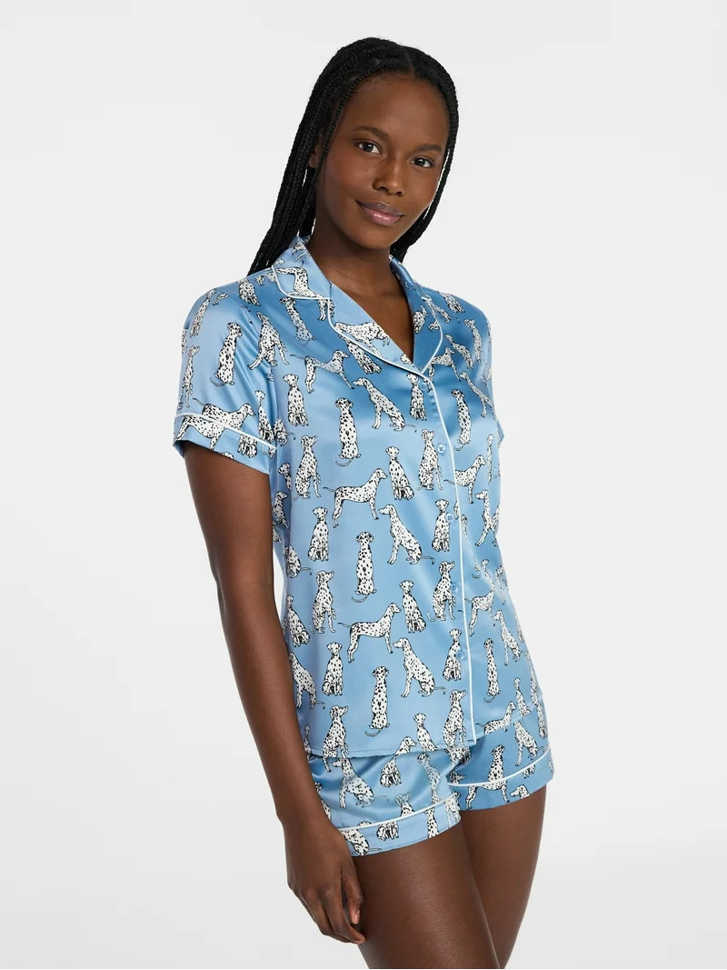 Joyspun Women’s Stretch Satin Short Sleeve Top and Shorts Pajama Set, Sizes XS-3X | Walmart (US)