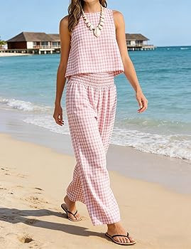Yeokou Women Plaid Gingham 2 Piece Set Sleeveless Top Smocked Wide Leg Pants Casual Matching Outf... | Amazon (US)