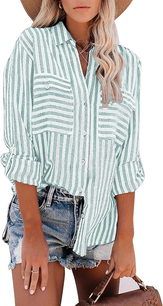 OPOIPIN Women's Stripes Collar V Neck Button Down Long Sleeve Shirts Striped Shirt Oversized Shirt | Amazon (US)