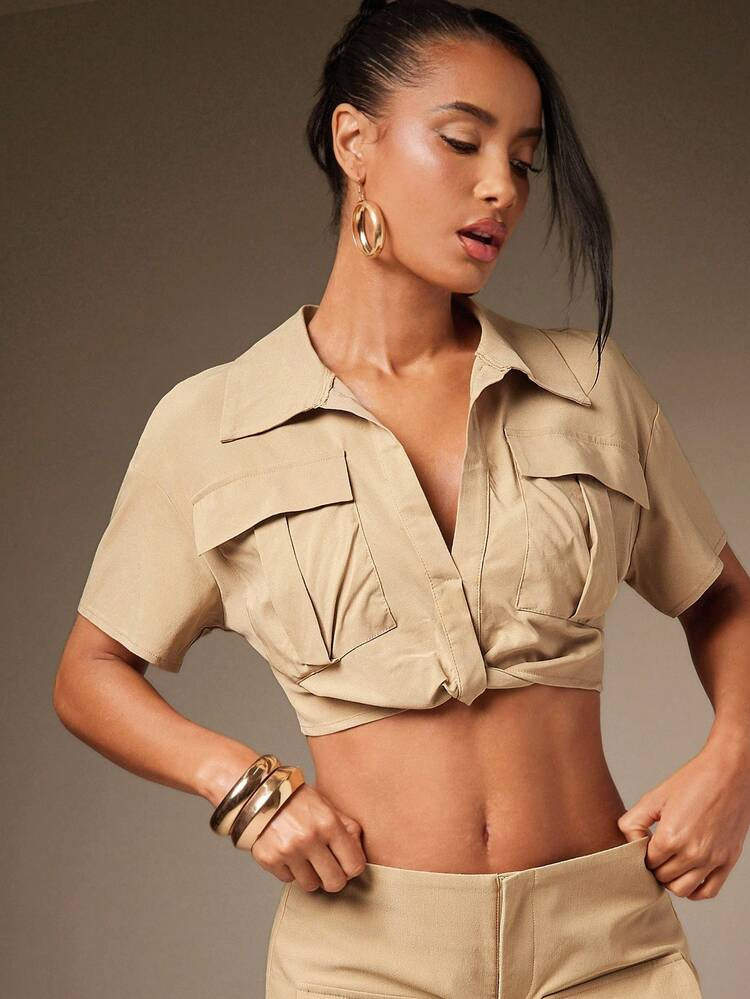 Hauture Women's Sexy Casual Collared Flap Pocket Drop Shoulder Stretch Crop Blouse Top For Summer | SHEIN