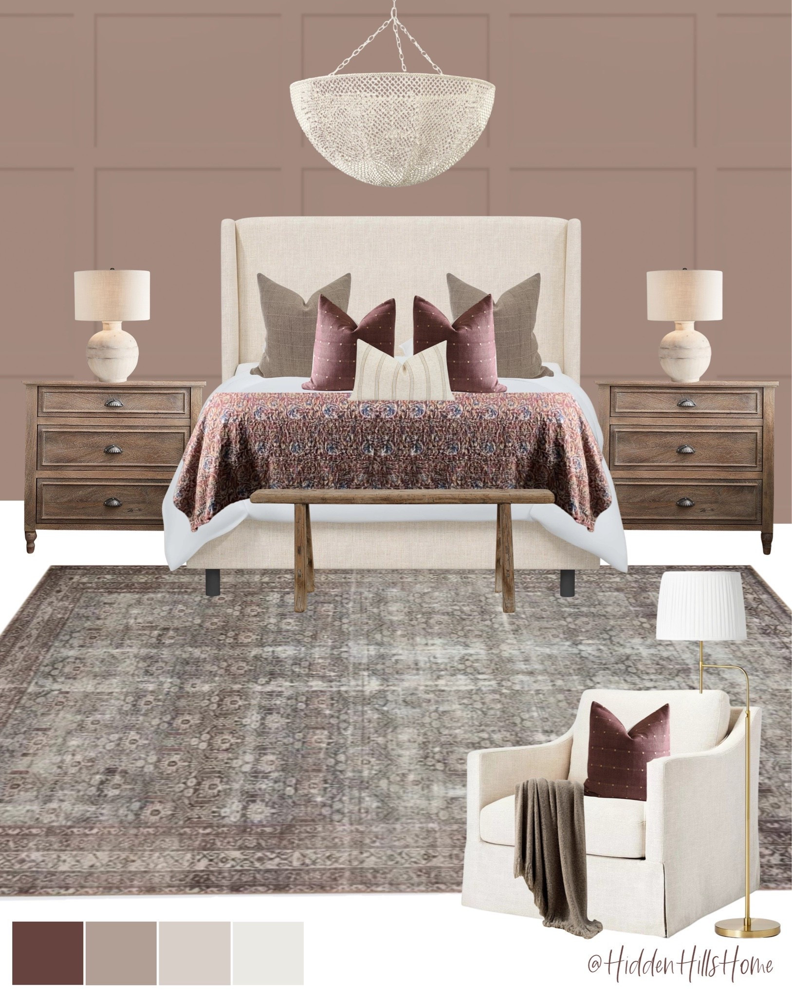 Bedroom decor mood board, bedroom design ideas, master bedroom inspiration, nightstands, bedroom rug, dresser decor ideas, bedroom design #bedroom
Wall color is SW Swing Brown

#LTKHome #LTKSaleAlert #LTKKids