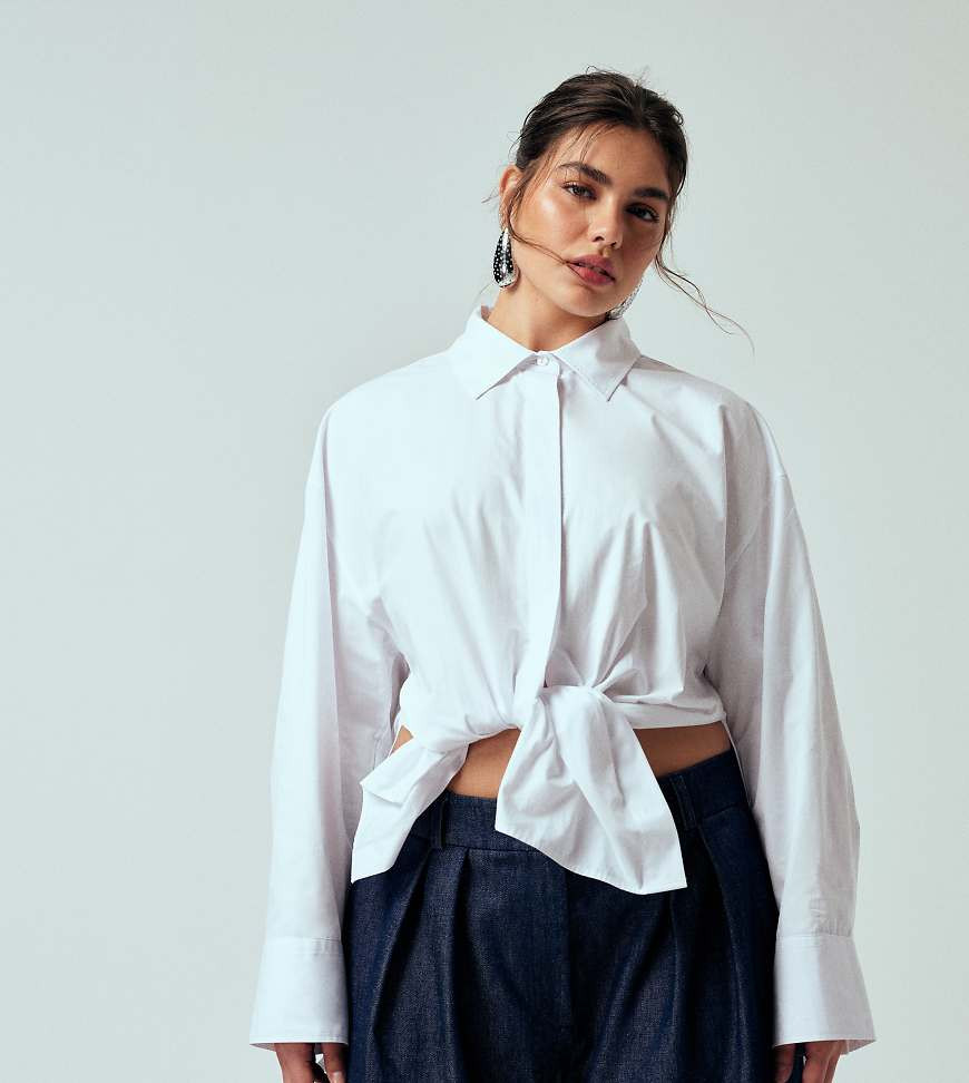 ASOS DESIGN Curve oversized tie front shirt in white | ASOS (Global)