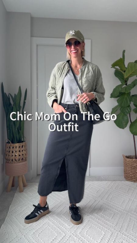 Chic mom on the go look with a black denim skirt, basic tee, quilted
Bomber jacket, sneakers, baseball cap.

I sized up to a medium in this 100% cotton skirt for a more relaxed fit, I’d say it runs snug 

#LTKover40 #LTKVideo #LTKfindsunder100