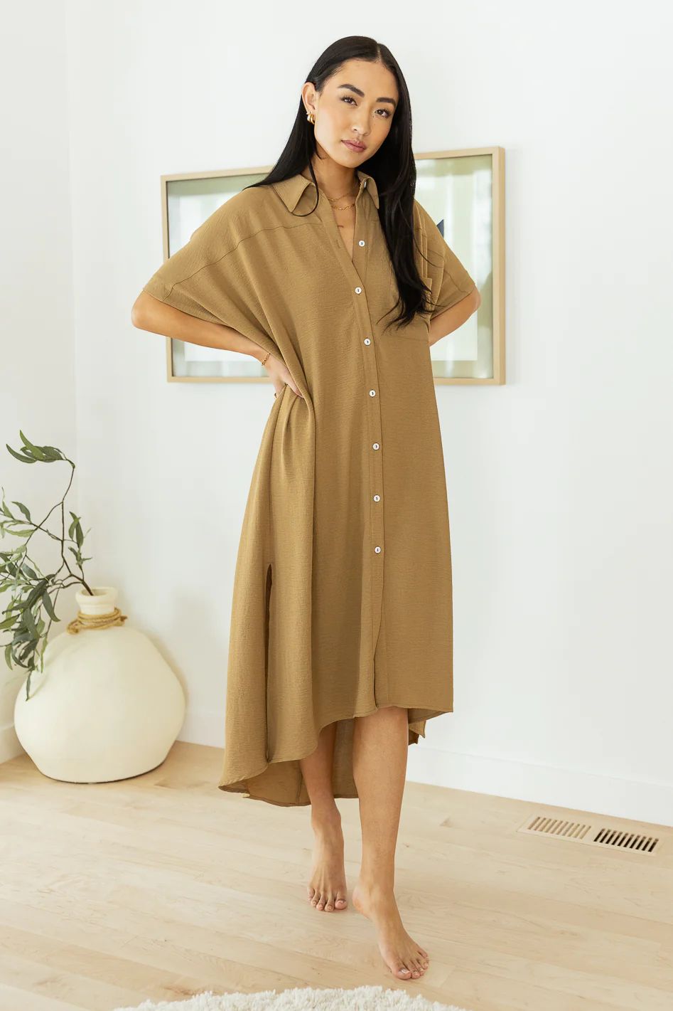 Harper Button Up Dress in Taupe | Bohme