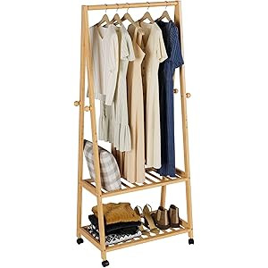Clothes Rack, Bamboo Clothing Garment Rack with Wheel & 4 Coat Hooks, Freestanding Rolling Closet Or | Amazon (US)
