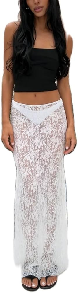 Women Lace Long Skirt Satin High Waist A-line Midi Skirt Y2K Summer Elegant Beach Party Maxi Skir... | Amazon (US)