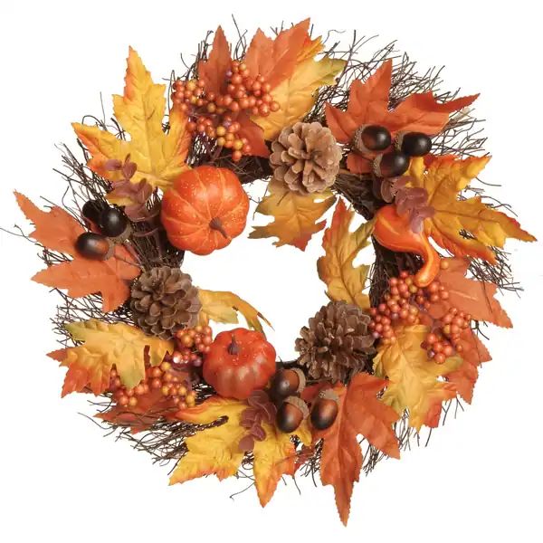 16" Pumpkins and Maple Leaves Wreath - Overstock - 28108678 | Bed Bath & Beyond
