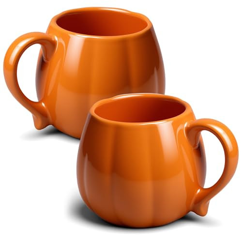 wlilupah 2 Pcs 14 oz Pumpkin Mug Ceramic Coffee Mug Fall Halloween Thanksgiving Autumn Pumpkin Shape Cup with Handle for Halloween Party Decoration | Amazon (US)