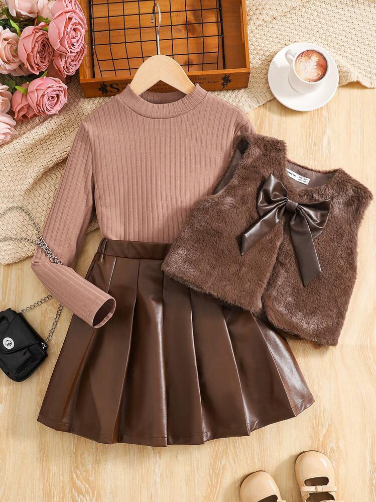 SHEIN Tween Girl 3pcs Outfit Set: Ribbed Stand Collar Long Sleeve Slim Fit T-Shirt, PU Pleated Skirt, Fluffy Bow Decor Cardigan, For Outdoor Wear | SHEIN