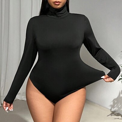 Plus Size Women Black Turtleneck Bodysuit, Fall/Winter | SHEIN