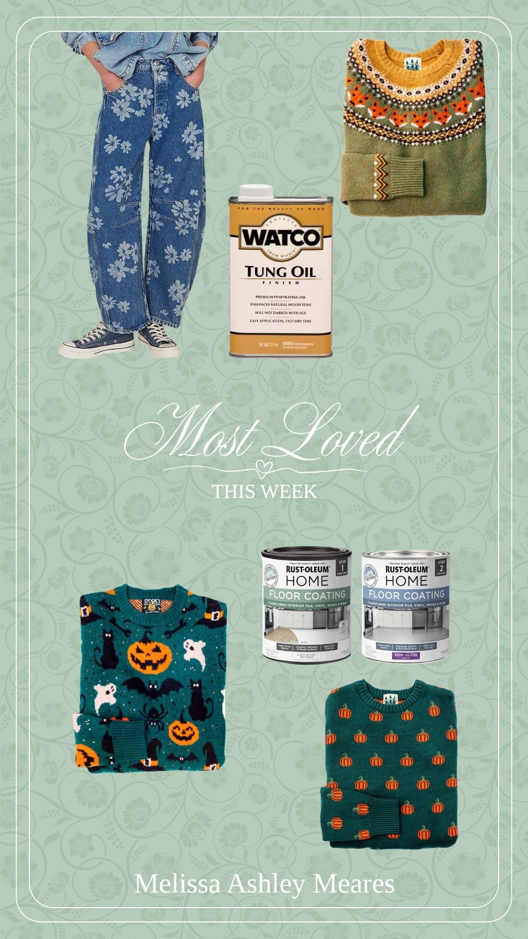 Most loved items from this week! I have these barrel jeans in size medium and the Spooktacular sweater in a medium. Rustoleum floor coat I used in colors black and matte and the tung oil finish is what I use to seal my butcher block counters.

KJP sweaters, Rustoleum, jeans, barrel jeans, floral, 70s attire 


#LTKFindsUnder50 #LTKMidsize #LTKHome