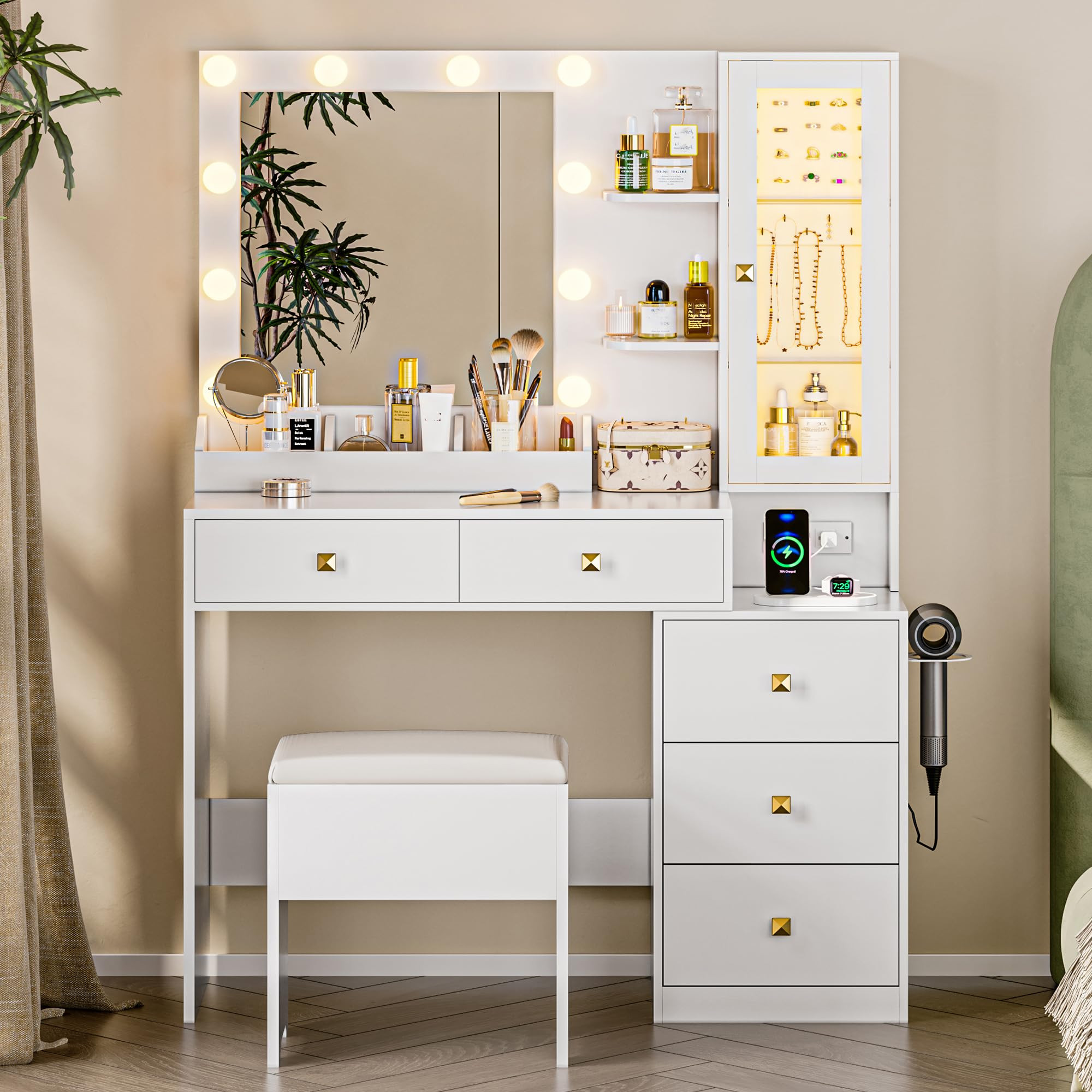 Vanity Desk with Mirror and Lights, White Makeup Vanity with 5 Drawers Hidden Jewelry Organizer& ... | Amazon (US)