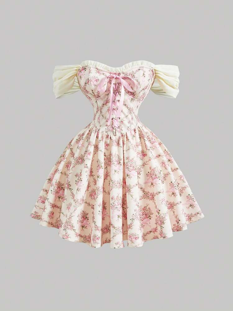 SHEIN MOD Vintage Floral Print, Dreamlike Romantic Luxurious Dress With Bustier Bodice, Decorated With Ruffle Trim And Bowknot, Criss-Cross Straps, Suitable For Dates, Parties, Holidays, Afternoon Tea, Birthday Occasions,Summer Outfits For Women,Easter Outfits,Beach Outfits For Woman,Vacation Outfits Women,Summer,Concert Outfit Women,Rave Outfits,Cruise Attire Women.Graduation Dresses For Women,Baby Shower Dress,Festival Outfits For Women | SHEIN