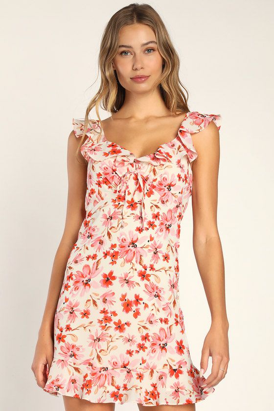 Posy Picnic Cream Floral Print Ruffled Tie-Back Mini Dress | Lulus (US)