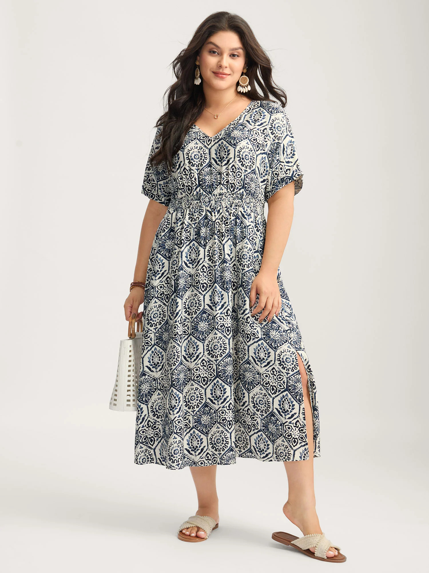 Boho Geometric Print Split Midi Dress | Bloomchic