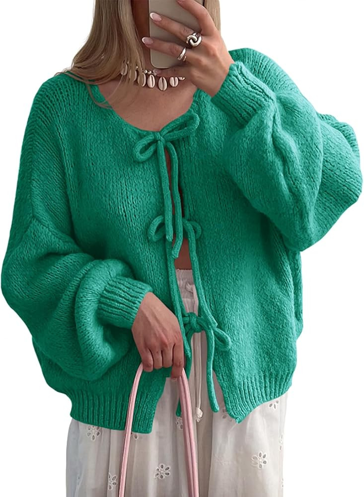 Saodimallsu Womens Tie Front Cardigan Sweaters Cute Bow Puff Long Sleeve 2025 Fall Loose Ribbed K... | Amazon (US)