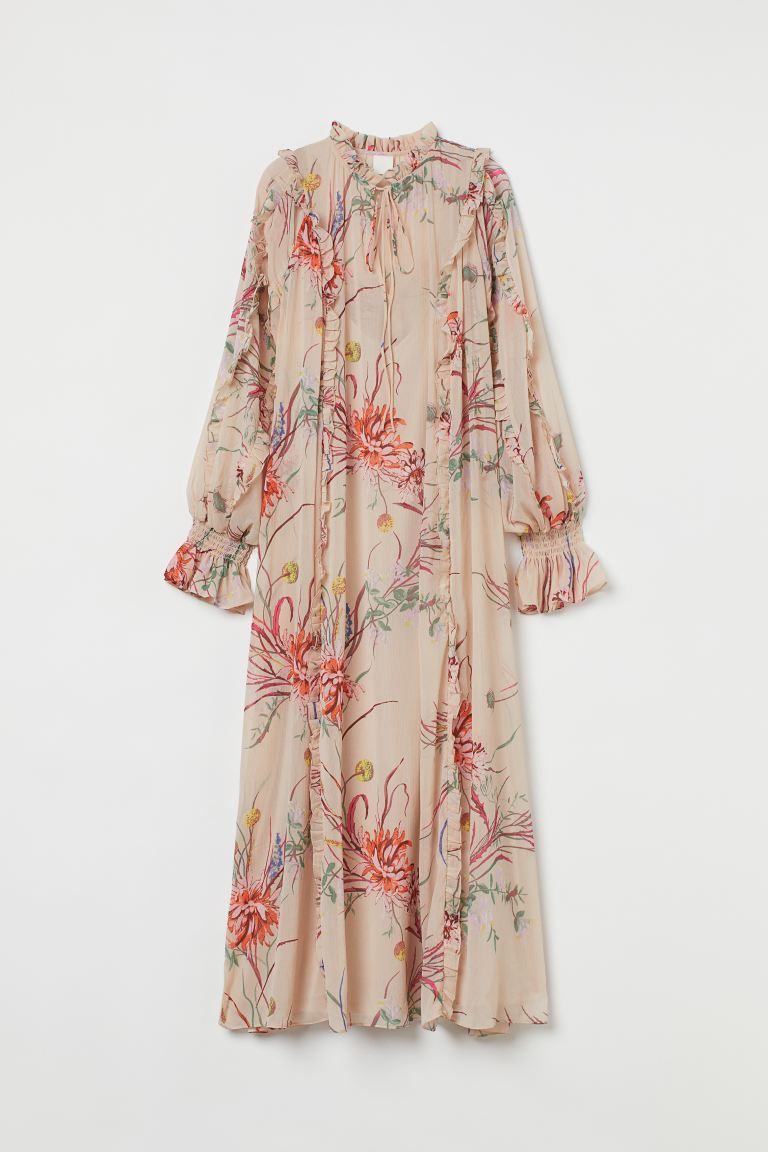 Conscious choice  Long, A-line dress in airy chiffon with elegant vertical ruffles full length of... | H&M (US + CA)