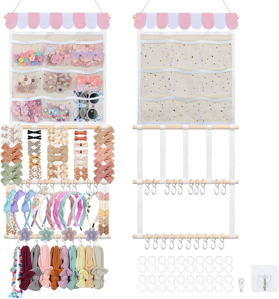New Upgraded Bow Organizer for Girls, Headband Holder w/ 9 Mesh Pockets,Hair Bow Holder Clip Orga... | Amazon (US)