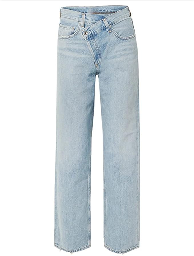 Women Straight Wide Leg Jeans Baggy High Waist Vintage Irregular Jeans Button Cotton Pants | Amazon (US)