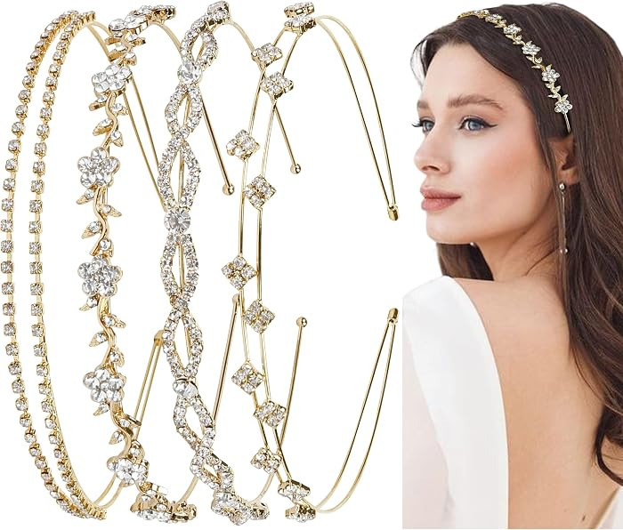 4 Pcs Rhinestone Headbands for Women Gold Bridal Headband Crystal Flower Girl Headpiece Flower Le... | Amazon (US)
