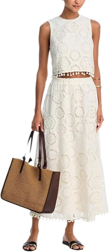 Wuitrie Women's Sleeveless Embroidered 2 Piece Set Sleveless Crop Top A-Line Pleated Maxi Skirt L... | Amazon (US)