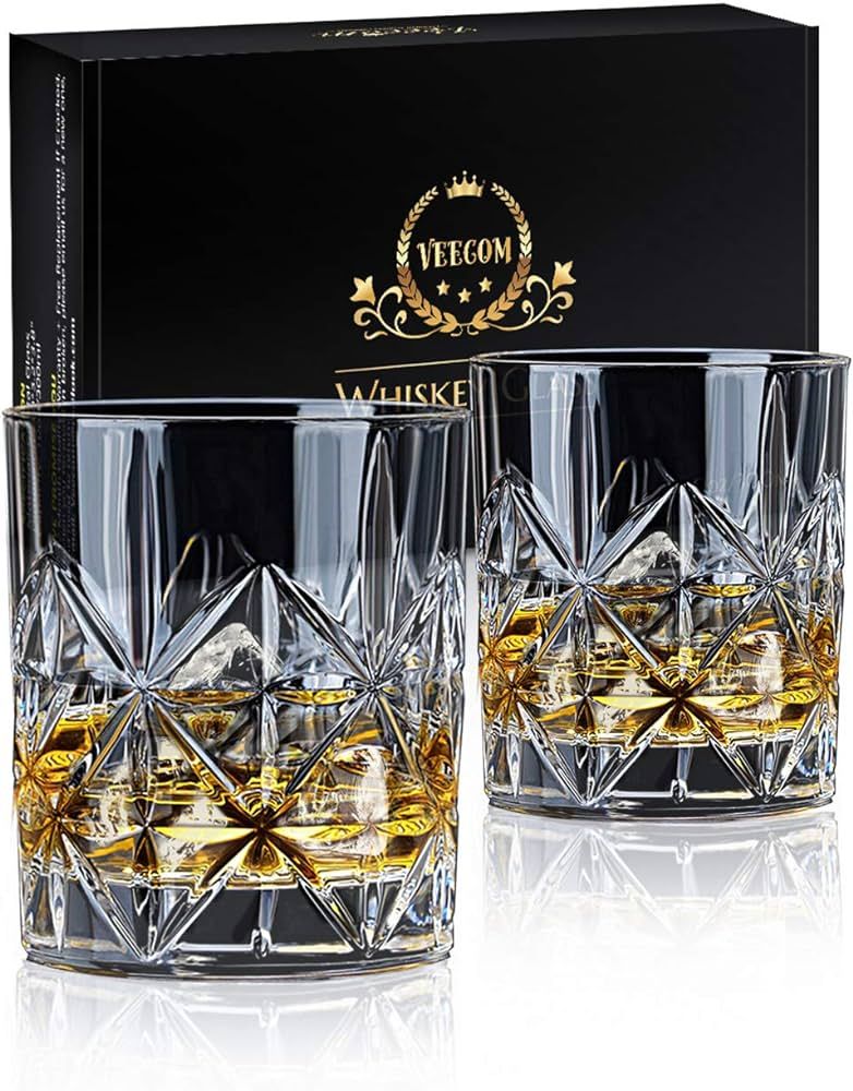 veecom Whiskey Glass Set of 2, 10 oz Crystal Whiskey Glasses Thick Bottom Bourbon Glasses Old Fas... | Amazon (US)