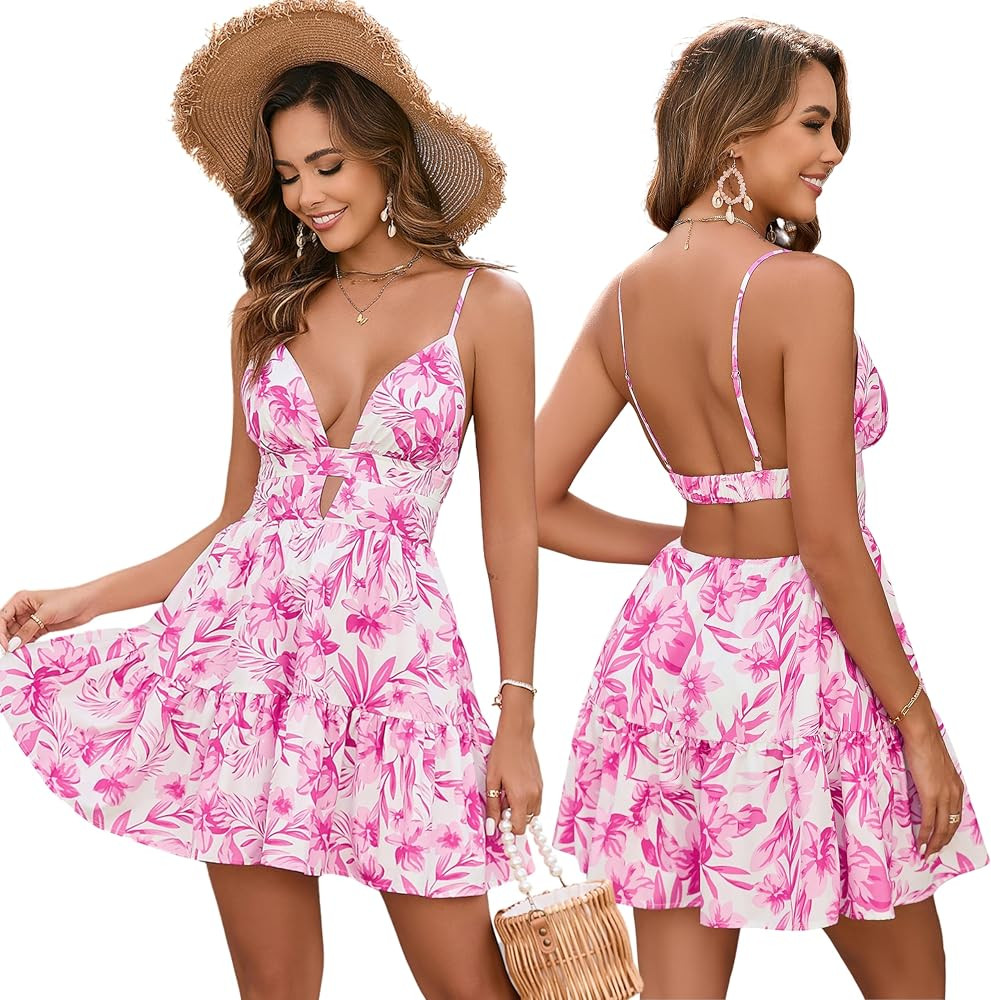 Parthea Women's Summer Boho Floral Mini Dress Spaghetti Strap V Neck Floral A Line Beach Vacation... | Amazon (US)