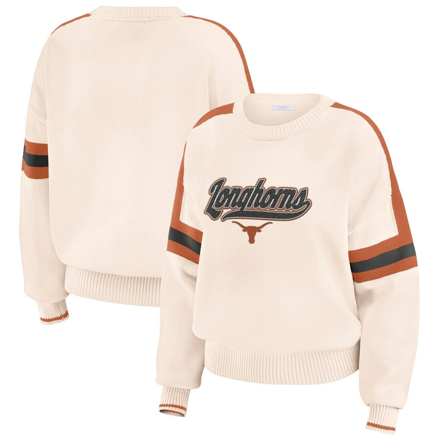 Texas Longhorns WEAR by Erin Andrews Women's Chenille Woven Patch Stripe Pullover Sweater - Cream | Fanatics