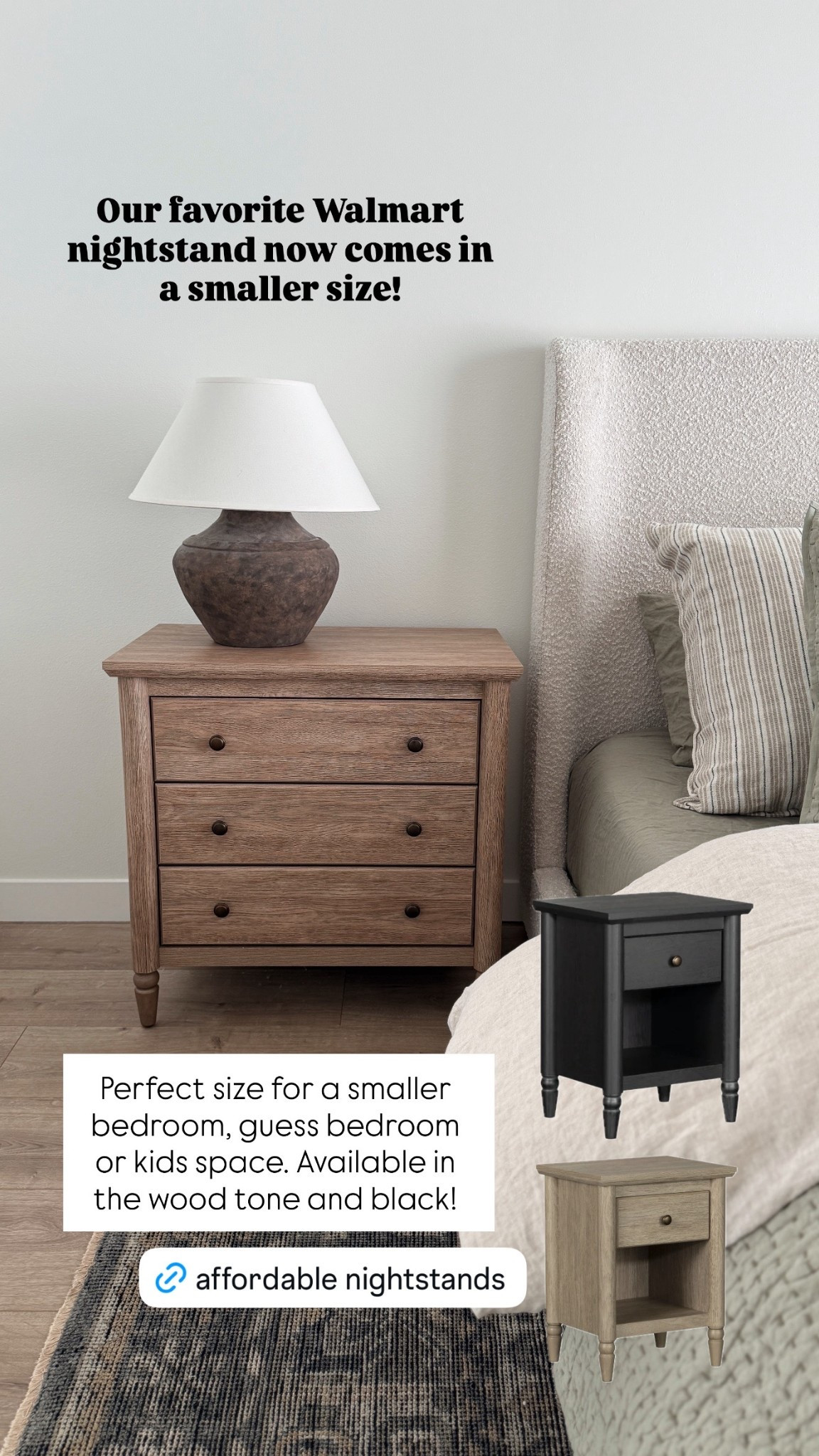 Our favorite Walmart nightstands are now available in a smaller size. Only $109! Available in wood tone and black. These are the perfect size for a guest bedroom, smaller room or kids space  

#LTKHome