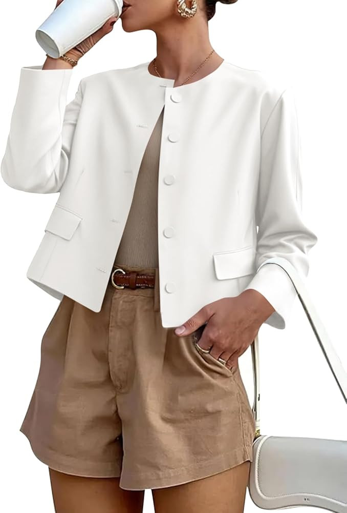 Cicy Bell Womens Balloon Long Sleeve Blazer Cropped Collarless Button Down Suit Jackets Business ... | Amazon (US)