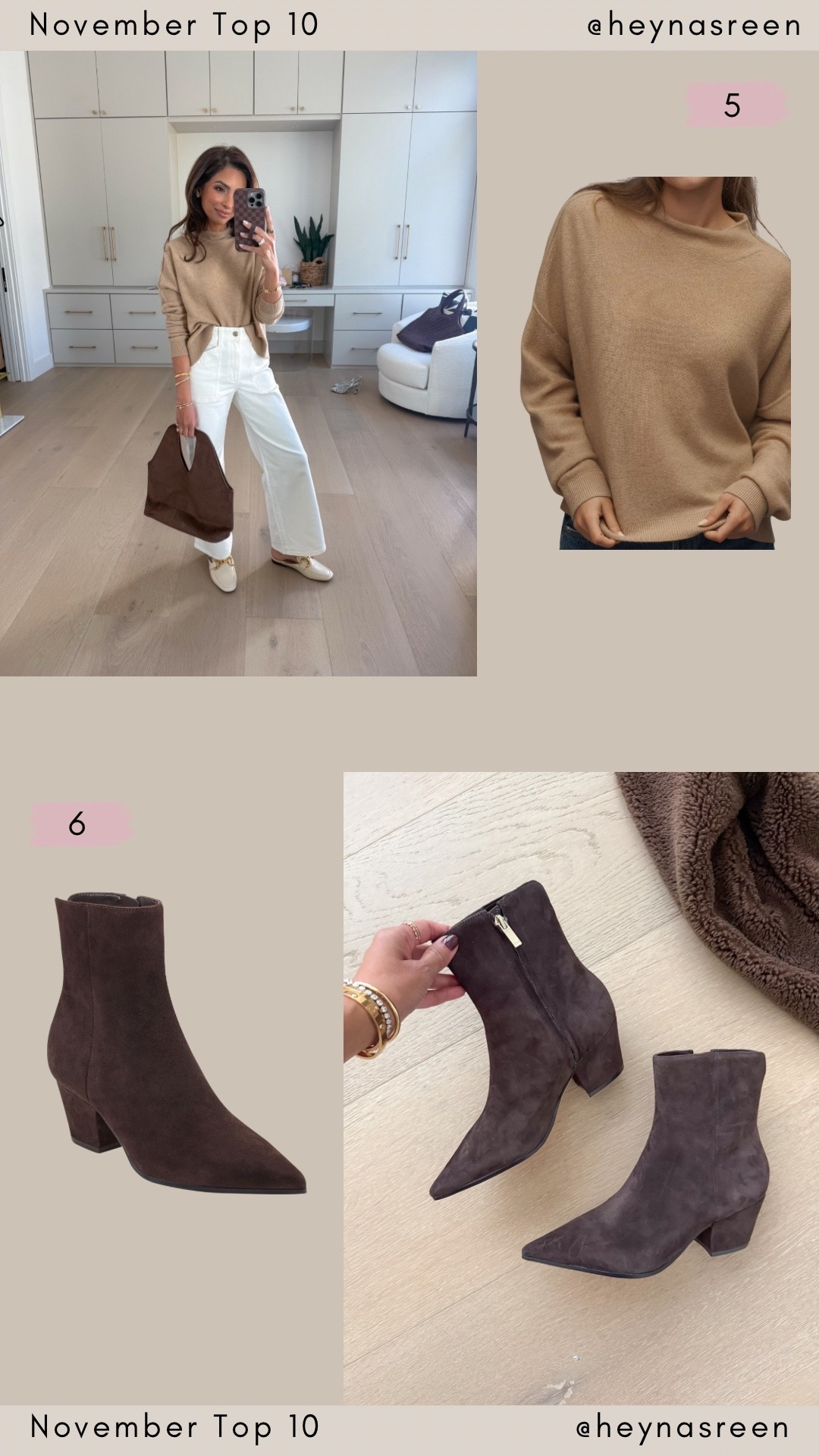 November Top 10:
#5: Anthropologie sweater (I’ve had this sweater for years and it holds up beautifully, I’m wearing an XS)
#6: Marc Fisher suede brown booties (they are true to size and so so comfortable)  
