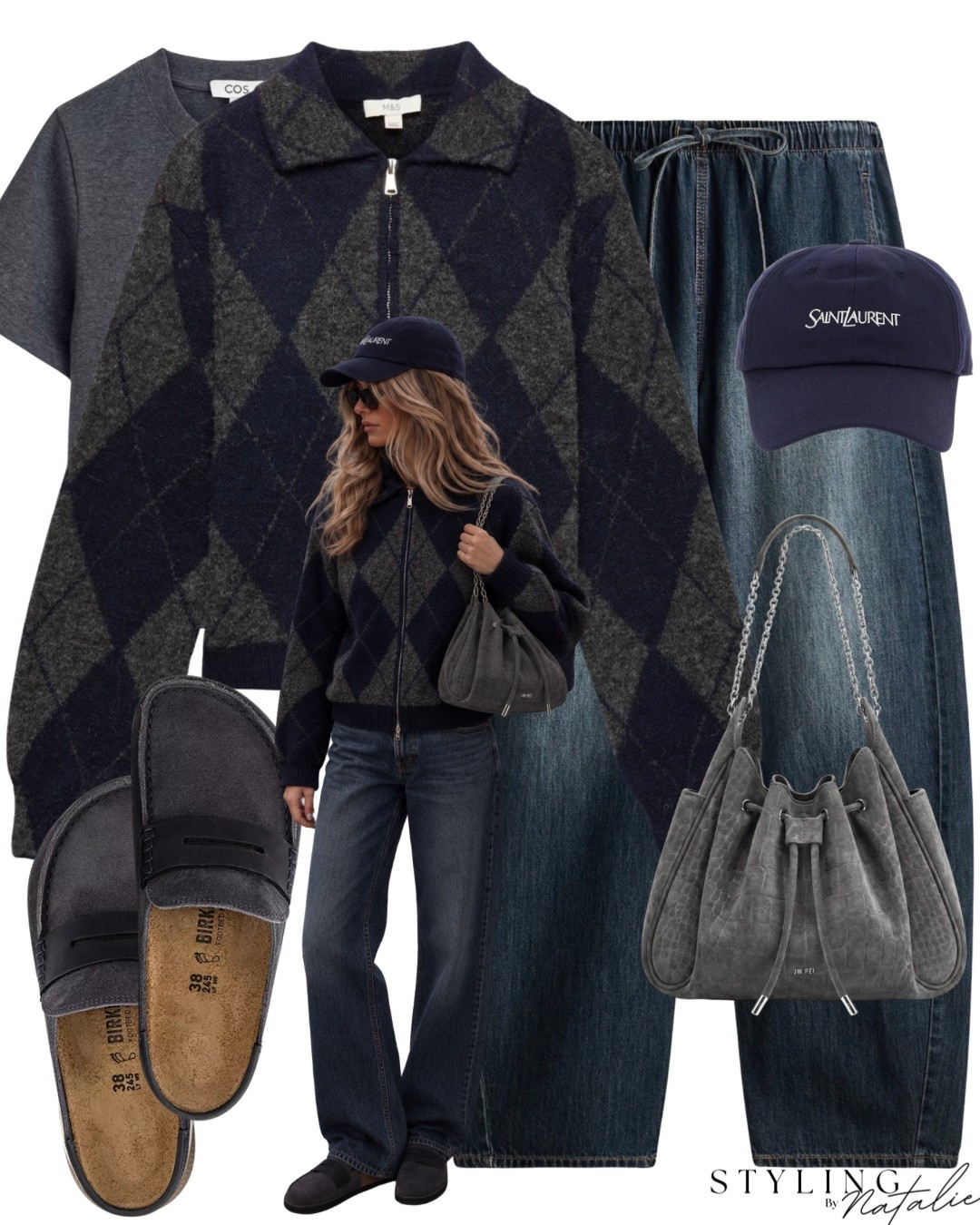 Pringle print knit zip up cardigan with funnel neck, denim drawstring barrel leg trousers, Birkenstock loafers,Saint Laurent hat and grey tee. (bag is JW PEI) grey tones, navy, autumn, fall, fashion, casual, chic

#LTKuk #LTKautumn #LTKeurope