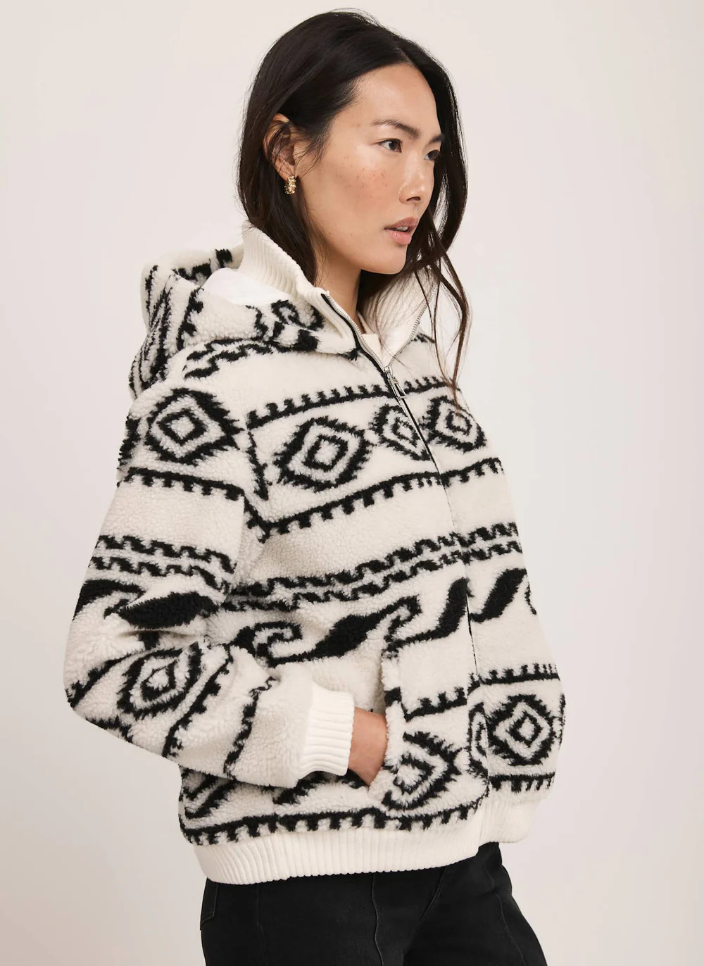 Cream Borg Print Hooded Zip Jacket | Mint Velvet