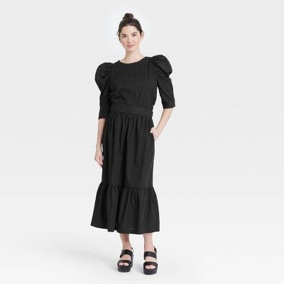 Women&#39;s Elbow Sleeve Eyelet Top - A New Day&#8482; Black&#160;S | Target