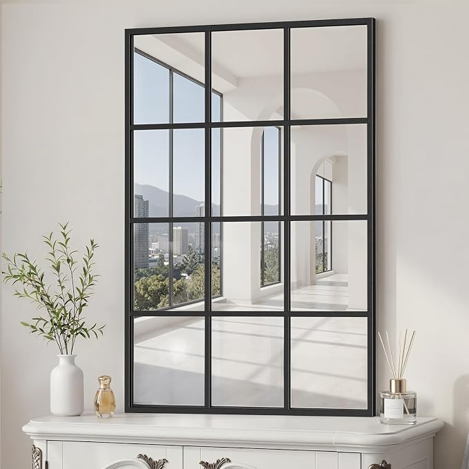 Window Pane Mirror, 38x26 Decorative Wall Mirrors, Black Metal Framed Windowpane Mirror for Farmh... | Amazon (US)