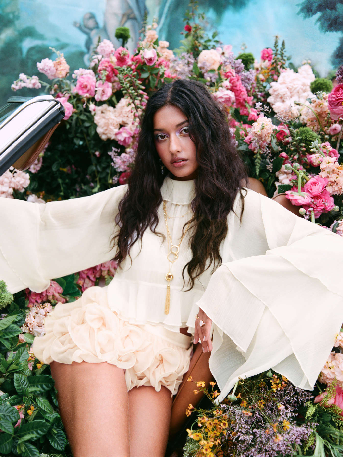 Chiffon Chiffon High Neck Ruffle Dolman sleeve See-Through Crop Blouse For Daily Casual | Cider