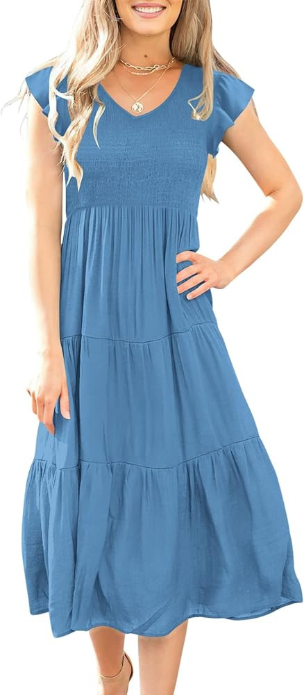 ANRABESS Women's Summer Casual Flutter Short Sleeve V Neck Smocked A-Line Tiered Midi Beach Dress | Amazon (US)