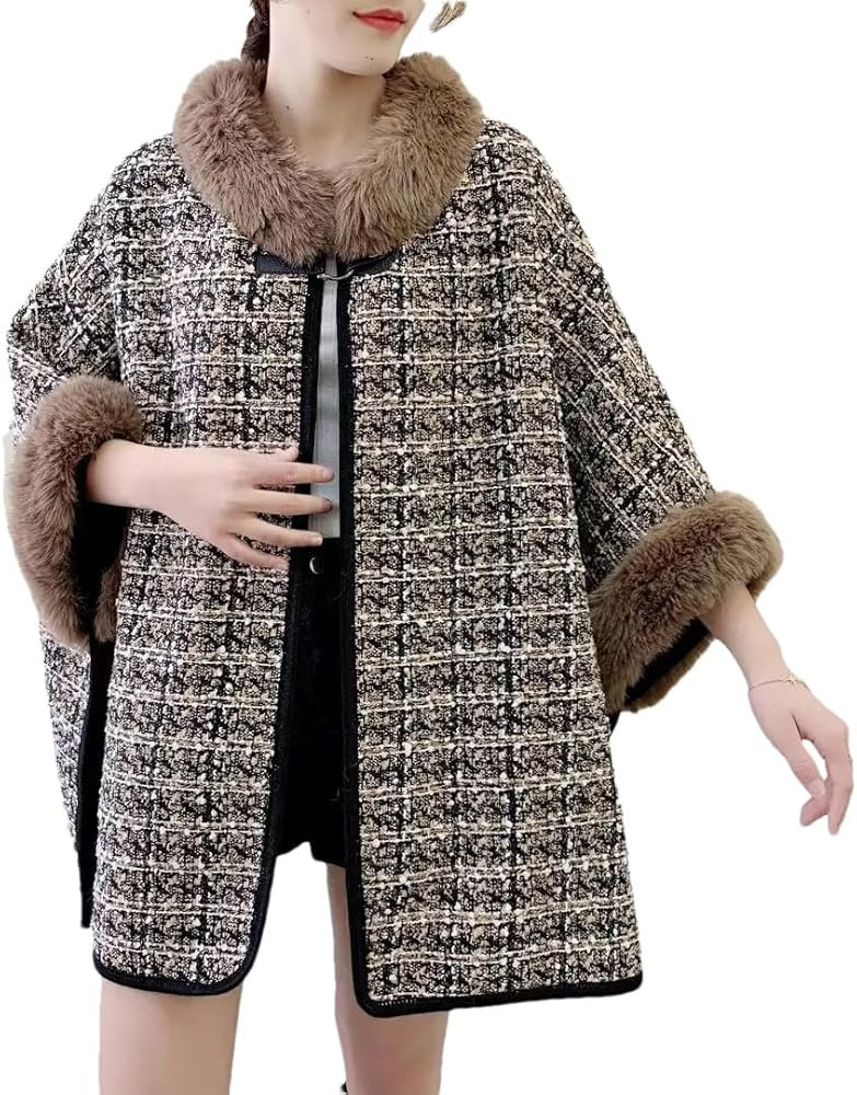 Women Winter Faux Fur Collar Plaid Designer Poncho Batwing Sleeves Warm Loose Street Coat | Amazon (US)