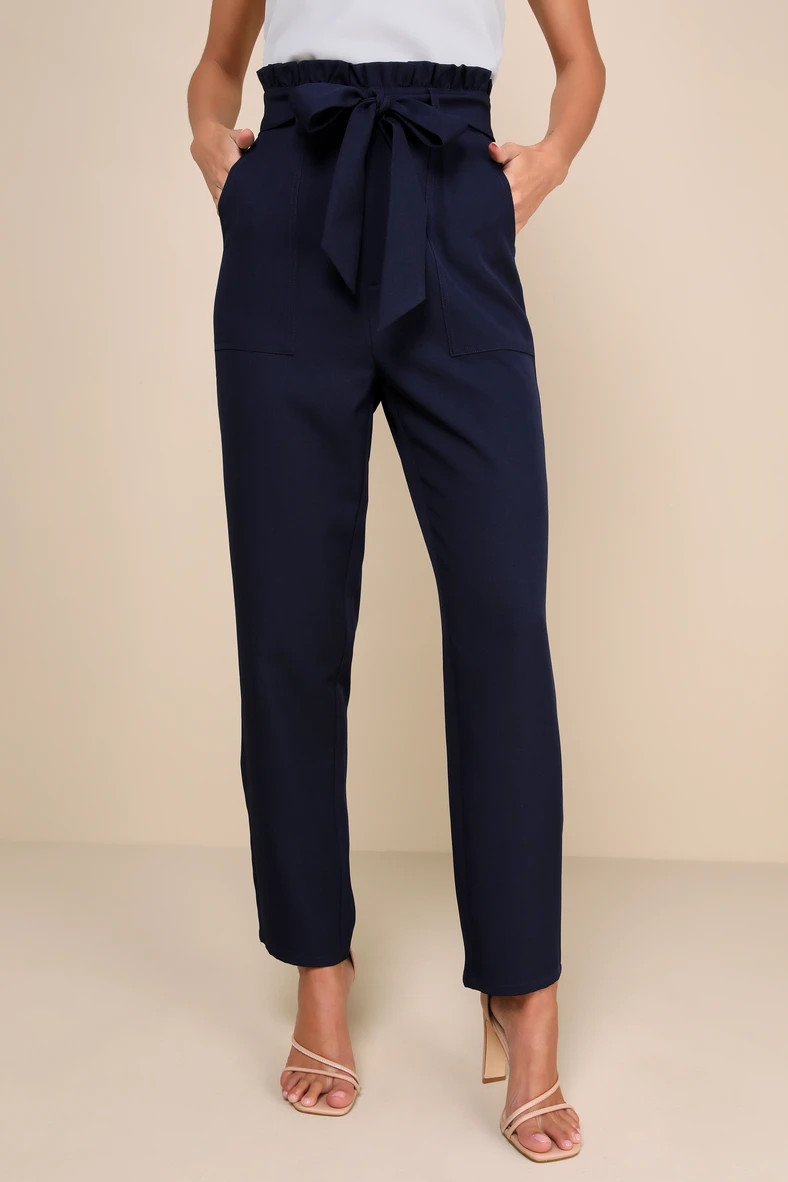 Busy Babe Navy Blue Paperbag Waist Straight Leg Pants | Lulus
