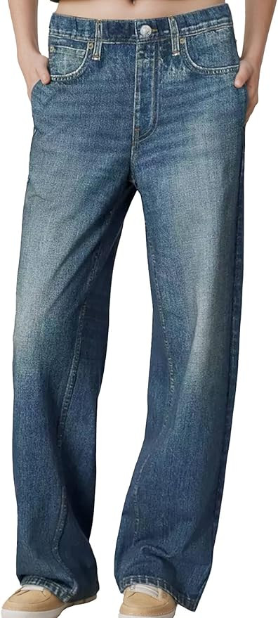 Women's Wide Leg Jeans Look Like Denim Cotton Terry Pull-On Print Denim Sweatpants with Elastic W... | Amazon (US)