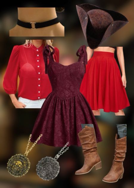 Red the pirate | Disney Bound | wine colored jacquard dress | red button up | red skirt | pirate medallion and hat | brown boots

#LTKsalealert #LTKparties #LTKstyletip