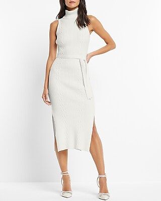 Cable Knit Turtleneck Sleeveless Tie Waist Midi Sweater Dress White Women's L | Express