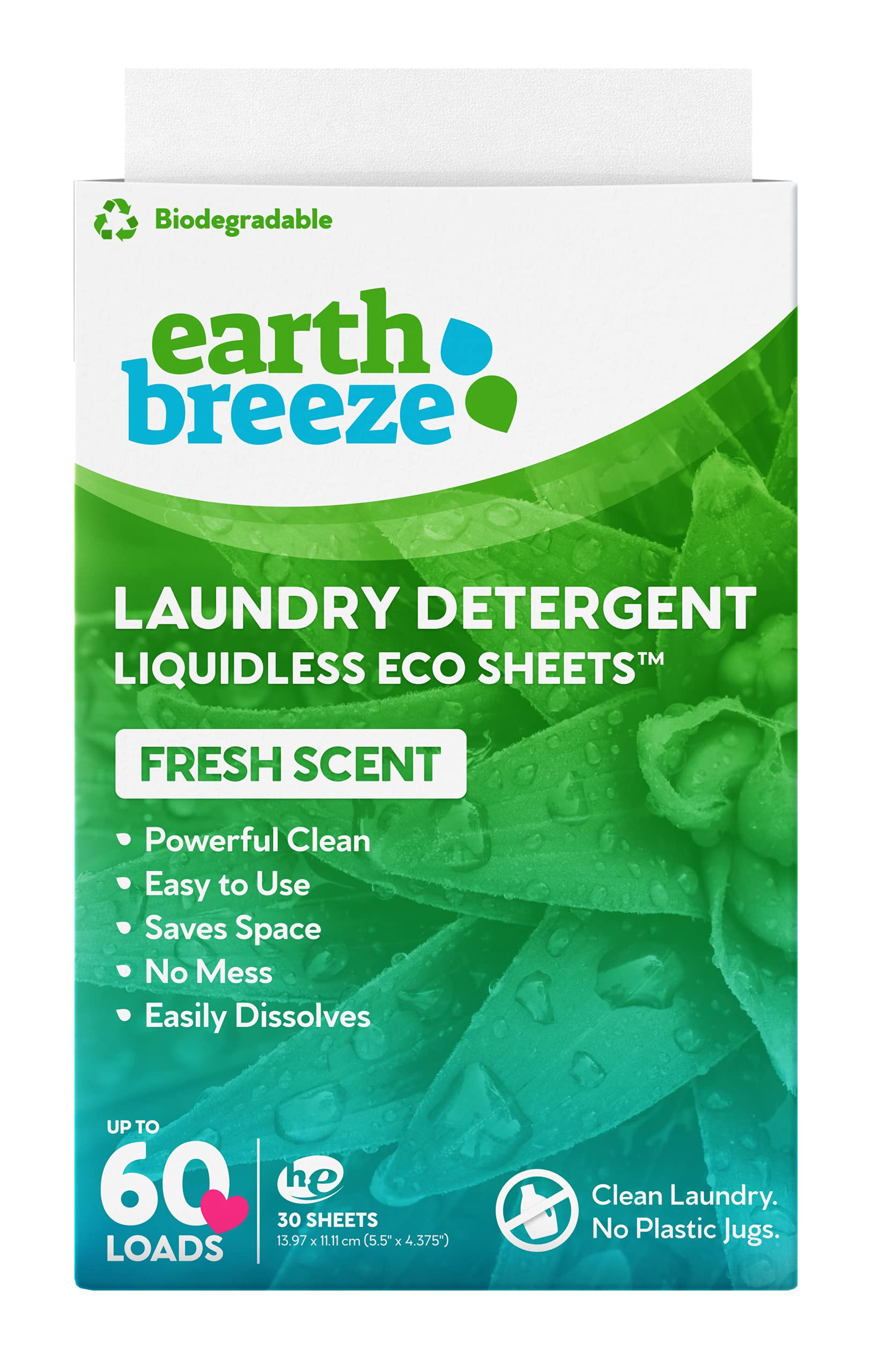 Earth Breeze Laundry Detergent Sheets - Fresh Scent - No Plastic Jug (60 Loads) 30 Sheets, Liquidles | Amazon (US)