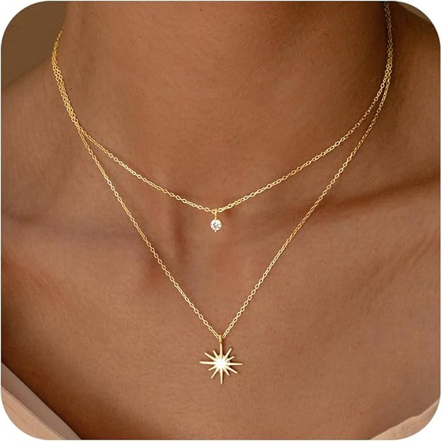 Gold Layered Choker Necklace for Women, Dainty 14K Sun Star Charm Chain Set for Beach Trendy Jewe... | Amazon (US)