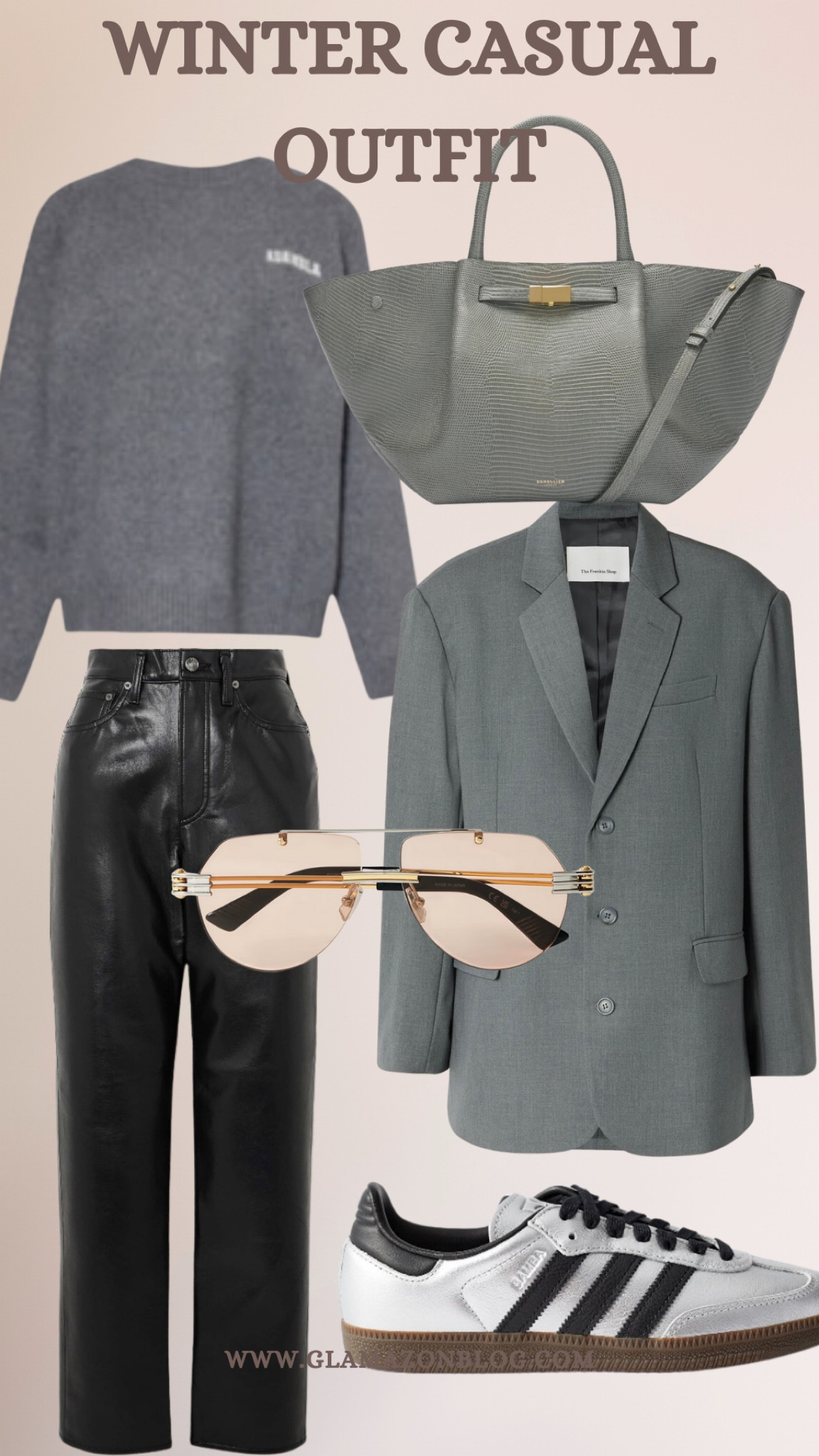 Winter outfit, casual outfit, silver adidas samba, Frankie shop blazer, Bottega sunglasses, agolde trousers, leather trousers, adanola jumper 

#LTKstyletip #LTKuk #LTKeurope