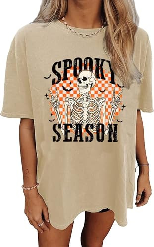 yawslaw Oversized Spooky Season Shirt for Women Halloween Cute Ghost Graphic Shirt Casual Spooky Skull Shirt Tops(Beige,Medium) | Amazon (US)