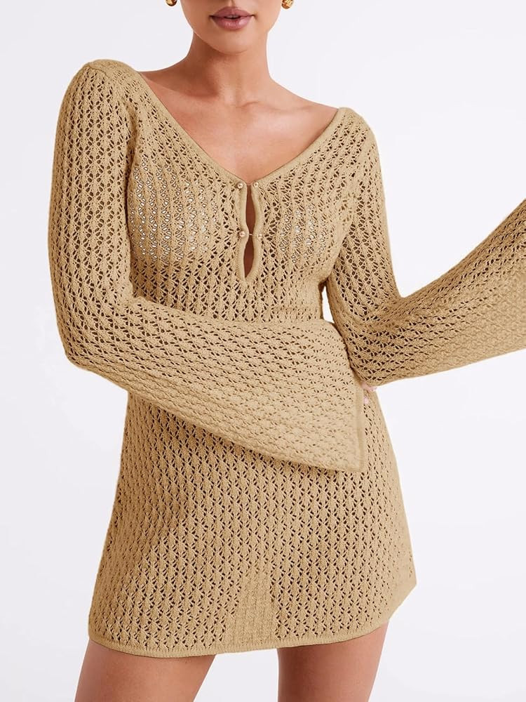 Saodimallsu Womens Crochet Swimsuit Coverup Summer Sexy V Neck Long Bell Sleeve Mesh Knit Bikini ... | Amazon (US)