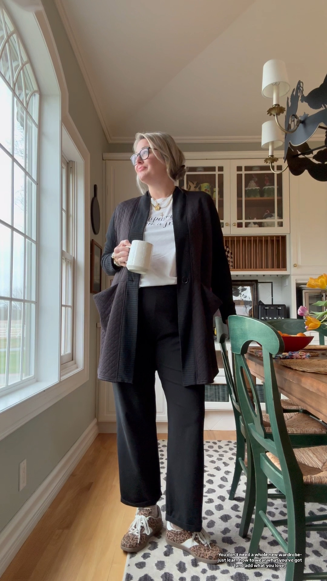 She’s comfortable, classic and stylish. This look although collected over the years just doesn’t get old. This is my OOTD for a workday working from home and then running errands. A perfect spring layered look. My jacket was purchased locally probably 10 years ago from a local boutique in our downtown. The designer is Joseph Ribkoff this jacket was deer back in the day even but trust me when I say I have gotten my moneys worth these pieces are classic and definitely worth your investment. They will never go out of style and I will never fall out of love with it. I have given you a few options below to shop from. And yes, you will see the sheer polkadot socks that are truly the icing on the cake. Such a fun mix to a black-and-white outfit vibe! I wore the white polkadot with my leopard sneakers.!! Just a fun little twist to this spring look🌷

#LTKOver40 #LTKMidsize #LTKStyleTip