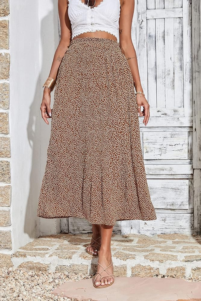 PRETTYGARDEN Women's Printed Pleated Maxi Skirt Casual High Waist Elastic Leopard A-Line Swing Summe | Amazon (US)