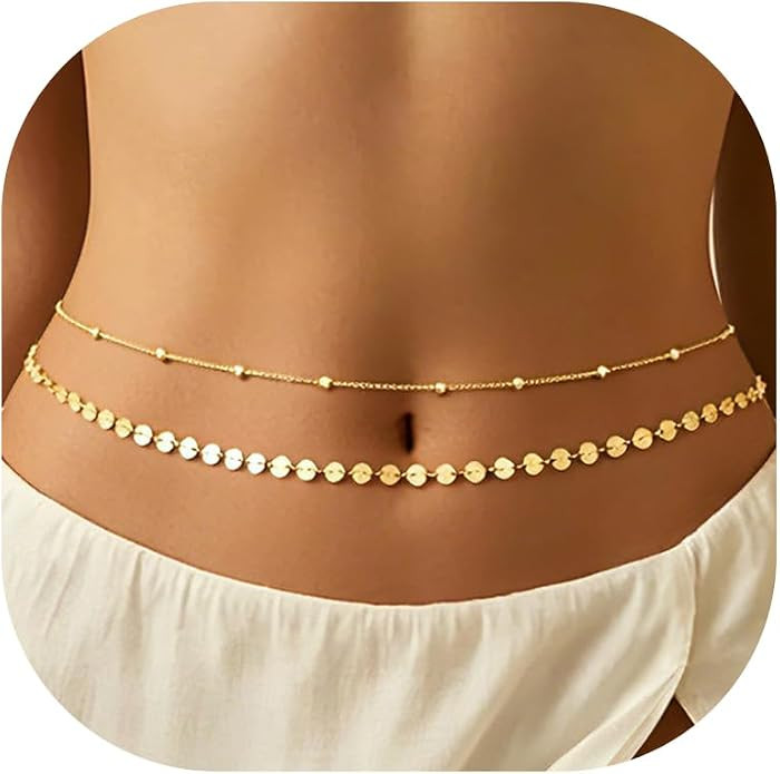 2Pcs Gold Layered Belly Chain for Women Dainty 14K Gold Plated Sequin & Beaded Waist Chain, Adjus... | Amazon (US)